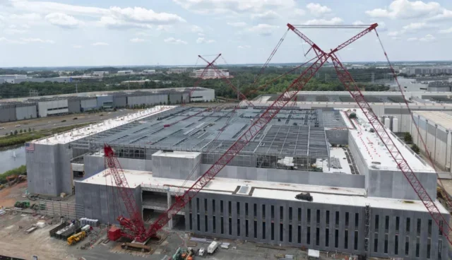 Ashburn, Virginia, United States - July 04, 2024- An aerial view of a data center being constructed inside Data Center Alley in Ashburn. Northern Virginia is the largest data center market in the world