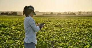 Smart farmer woman agronomist checks the field with tablet. Intelligent agriculture and digital agriculture.