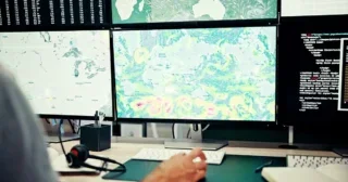 Screen, weather and hand at computer with map, news and wind research for reporter