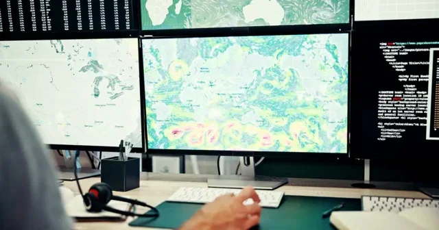 Screen, weather and hand at computer with map, news and wind research for reporter