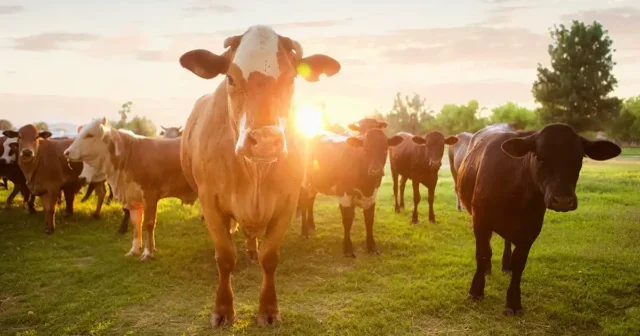 Herd of Hereford cows in a pasture at sunset