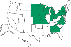 On a map of the United States, 18 states with farmers who enrolled in FBN's loan fund are shaded. These states are Alabama, Georgia, Indiana, Iowa, Kansas, Michigan, Minnesota, Missouri, Nebraska, New Jersey, New York, North Carolina, North Dakota, Ohio, Pennsylvania, South Dakota, Virginia and Wisconsin.